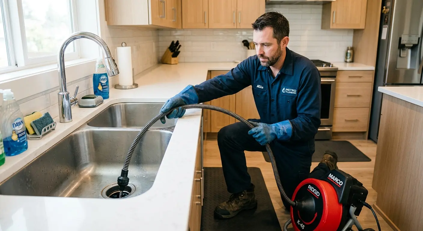 Drain cleaning technician using a motorized snake on a kitchen sink in Webb City