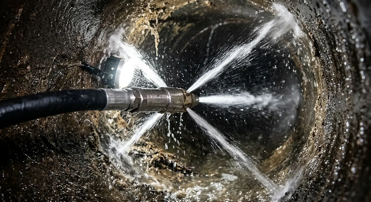 High-pressure hydro jetting nozzle cleaning sewer pipe for Storm Drain Cleaning in Webb City