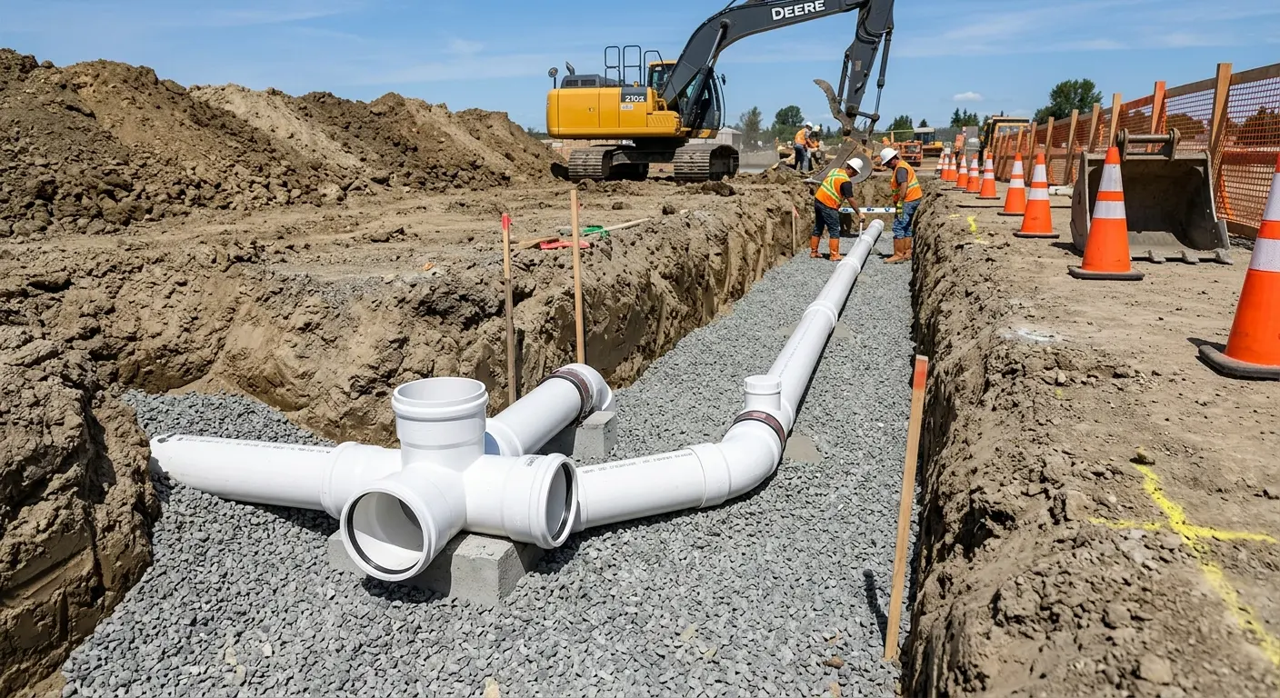 New PVC sewer pipe installation in open trench for Sewer Backup in Webb City