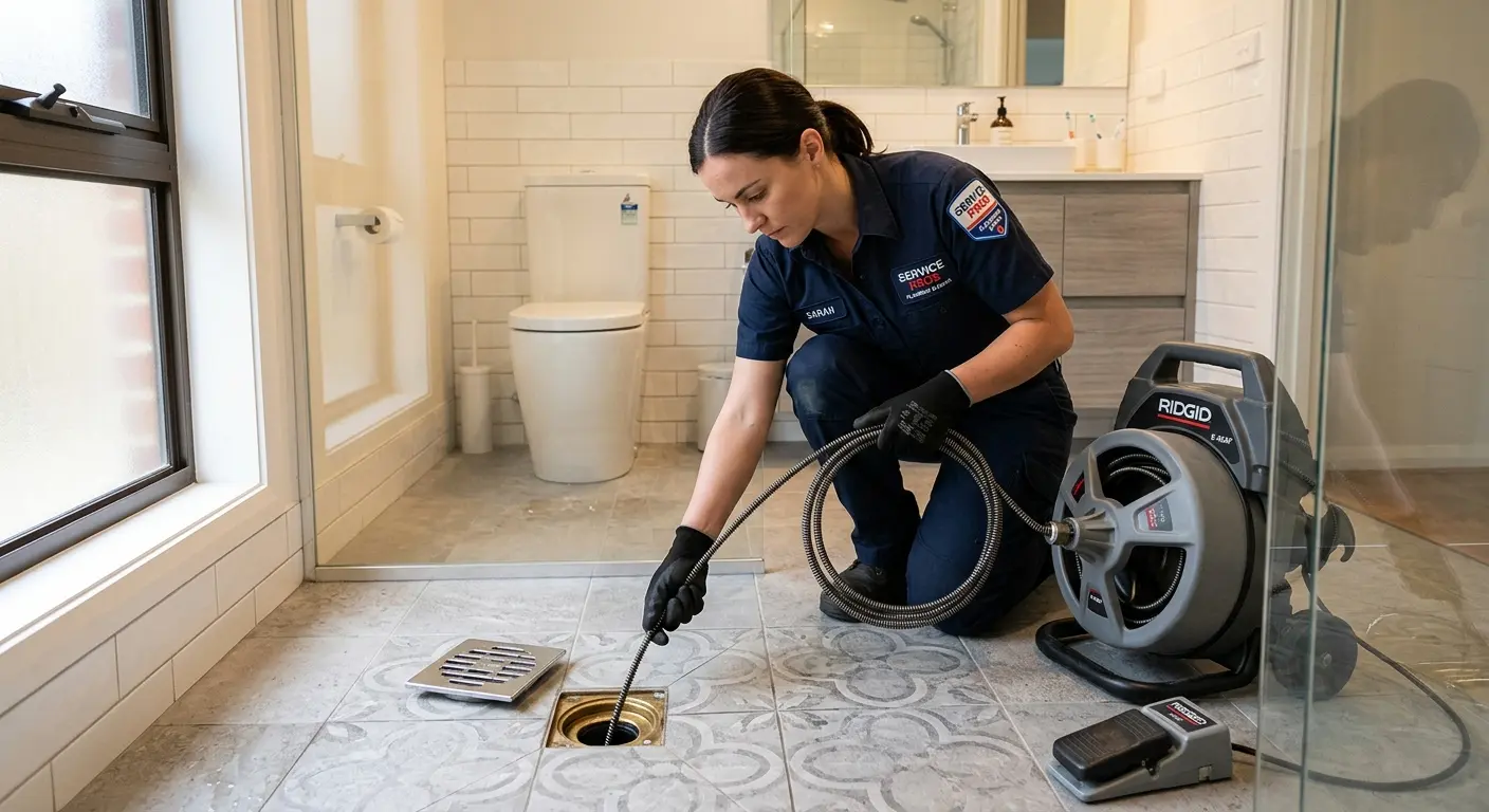 Technician clearing a bathroom floor drain for Sewer Line Replacement in Webb City